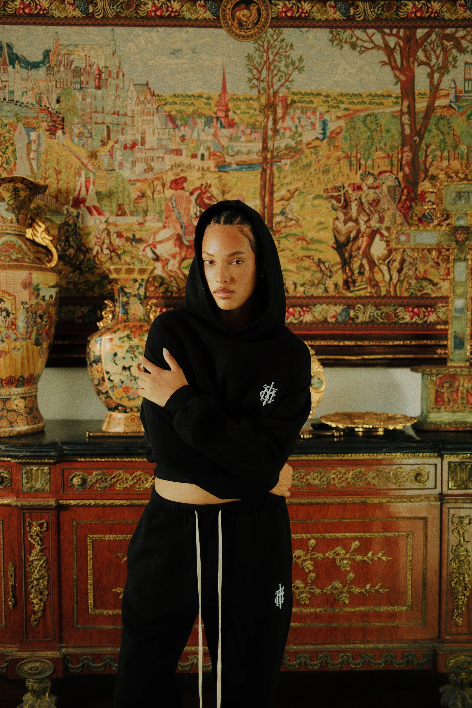 Cropped black Cannon Mitchel hoodie styled against an ornate interior.