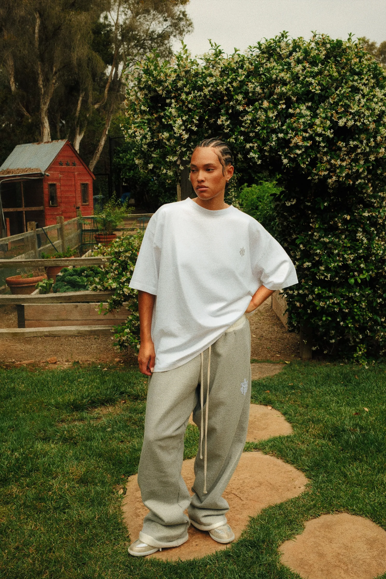 Sterling Cannon Mitchel wide-leg pants photographed in the garden.